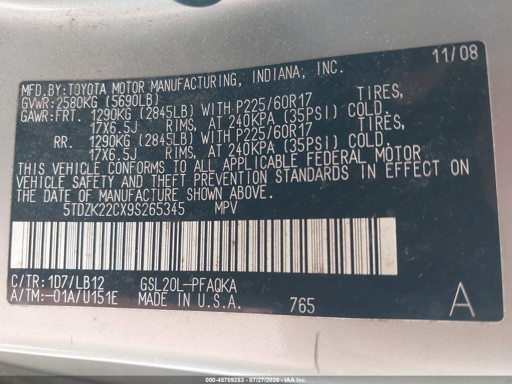 5TDZK22CX9S265345 2009 TOYOTA SIENNA photo no. 9