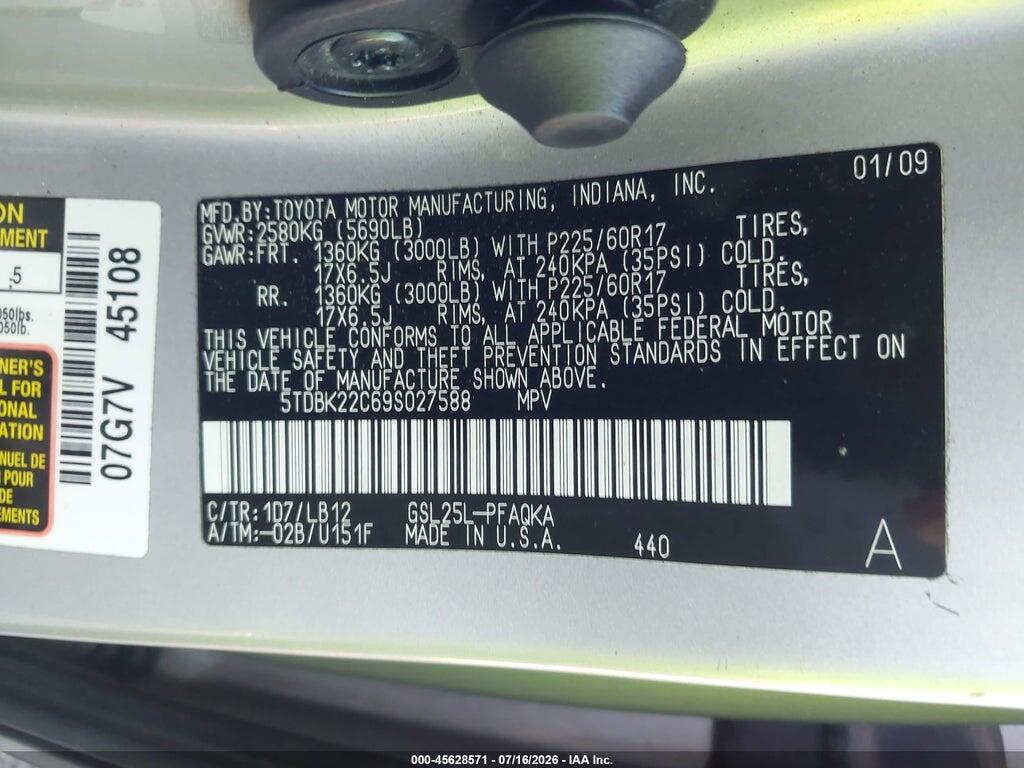 5TDBK22C69S027588 2009 TOYOTA SIENNA photo no. 9