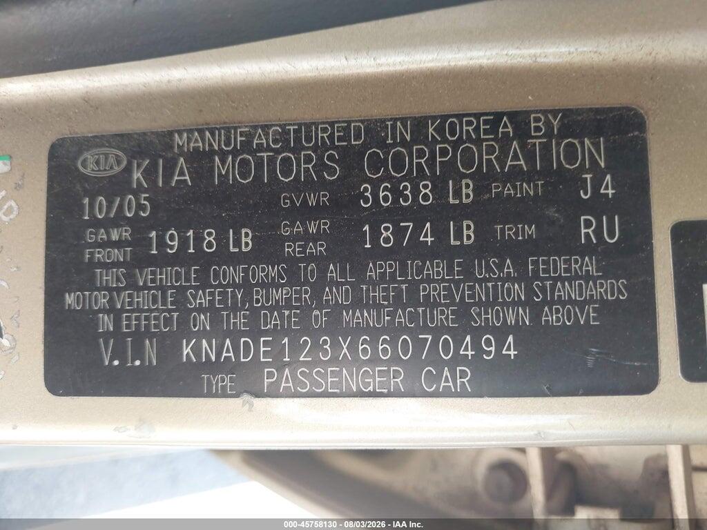 KNADE123X66070494 2006 KIA RIO photo no. 9