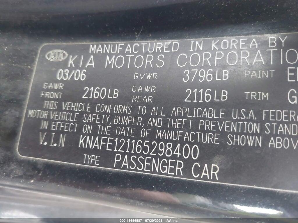 KNAFE121165298400 2006 KIA SPECTRA photo no. 9