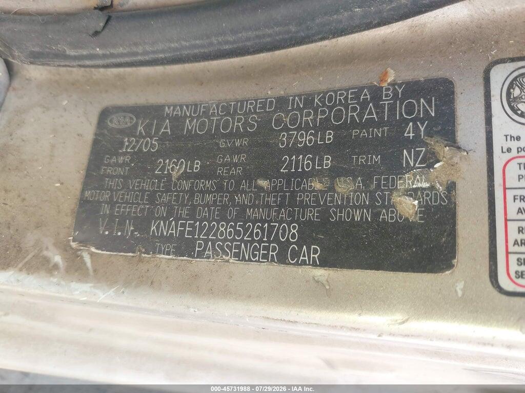 KNAFE122865261708 2006 KIA SPECTRA photo no. 9