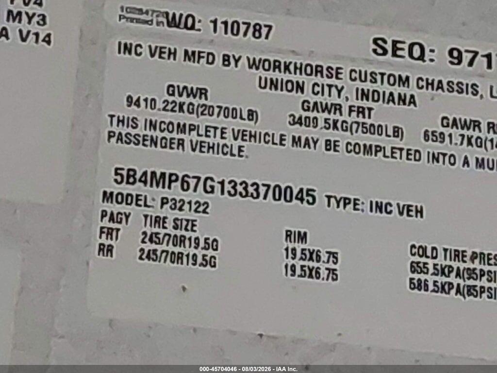 5B4MP67G133370045 2003 WORKHORSE CUSTOM CHASSIS MOTORHOME CHASSIS photo no. 9