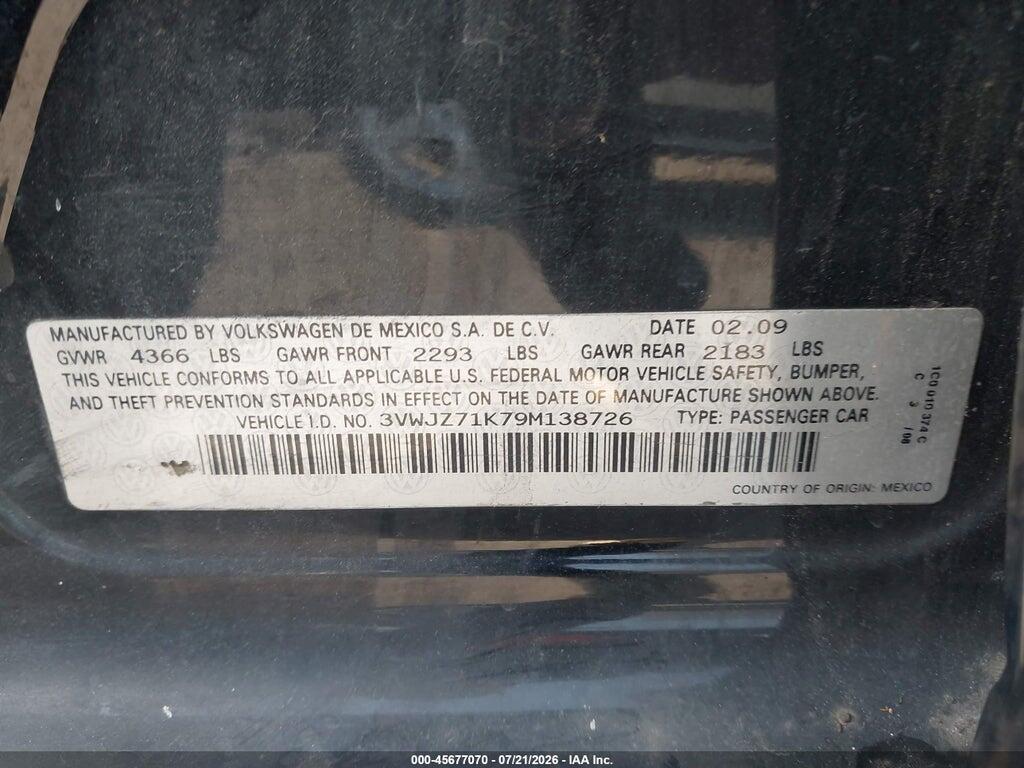 3VWJZ71K79M138726 2009 VOLKSWAGEN JETTA photo no. 9