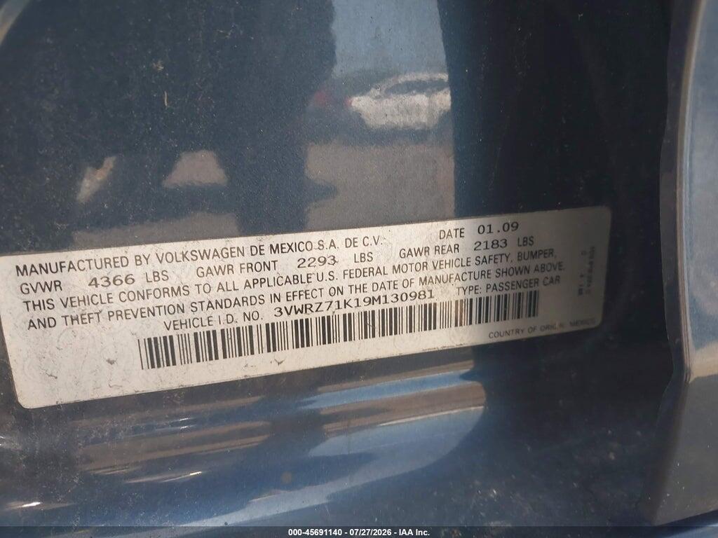 3VWRZ71K19M130981 2009 VOLKSWAGEN JETTA photo no. 9
