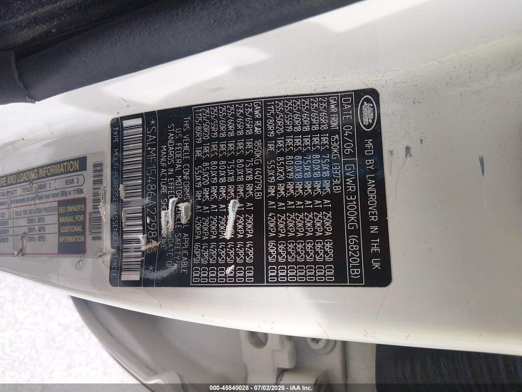 SALMF15486A229846 2006 LAND ROVER RANGE ROVER photo no. 9