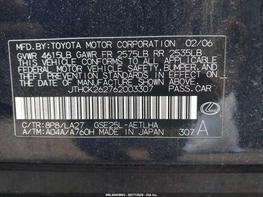 JTHCK262762003307 2006 LEXUS IS 250 photo no. 9