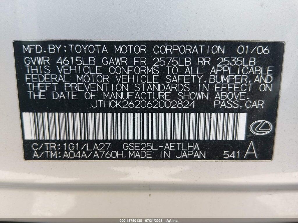 JTHCK262062002824 2006 LEXUS IS 250 photo no. 9