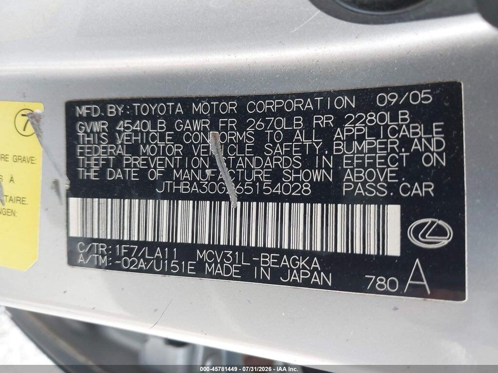 JTHBA30G265154028 2006 LEXUS ES 330 photo no. 9