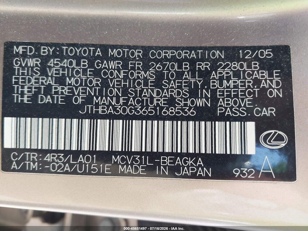 JTHBA30G365168536 2006 LEXUS ES 330 photo no. 9