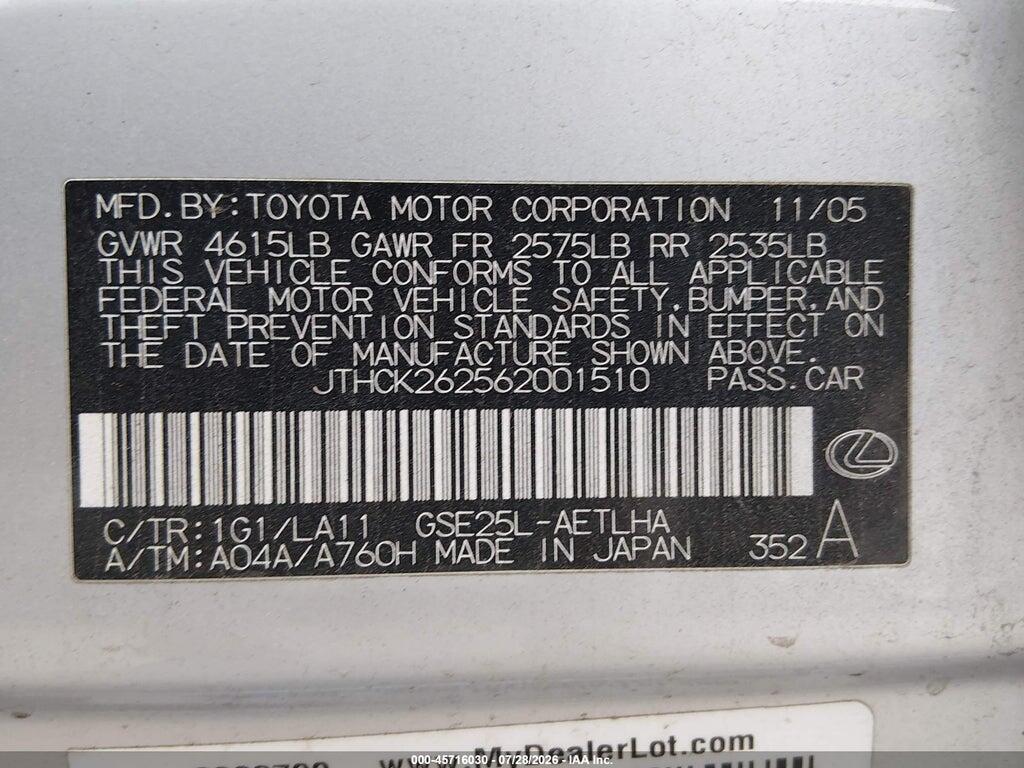 JTHCK262562001510 2006 LEXUS IS 250 photo no. 9