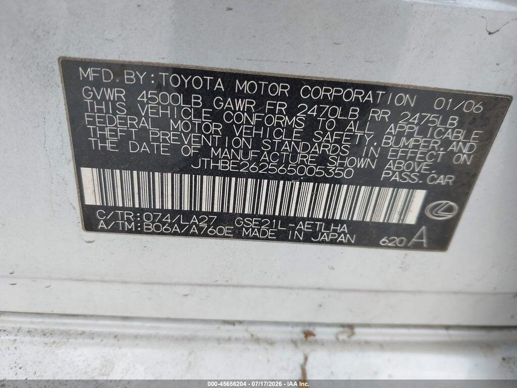 JTHBE262565005350 2006 LEXUS IS 350 photo no. 9
