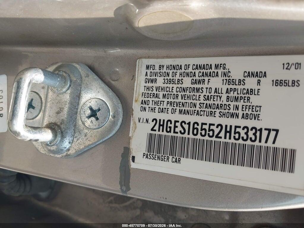 2HGES16552H533177 2002 HONDA CIVIC photo no. 9