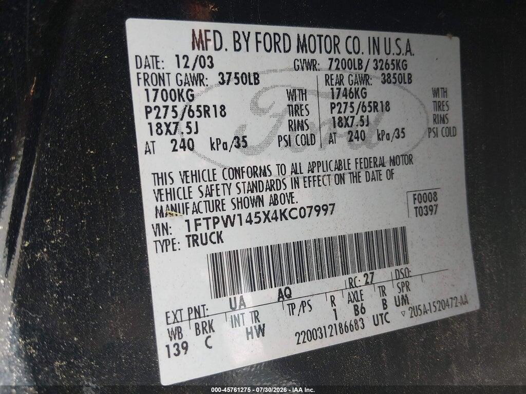 1FTPW145X4KC07997 2004 FORD F-150 photo no. 9