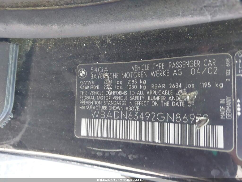 WBADN63492GN86970 2002 BMW 540IA photo no. 9