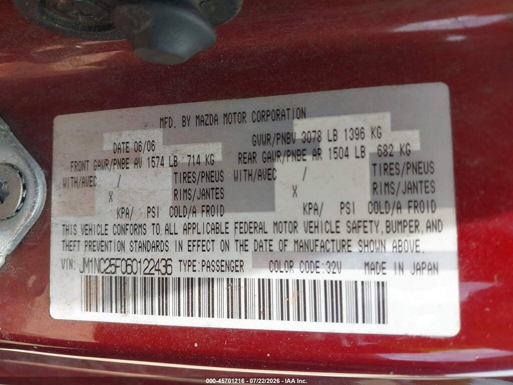 JM1NC25F060122436 2006 MAZDA MX-5 photo no. 9