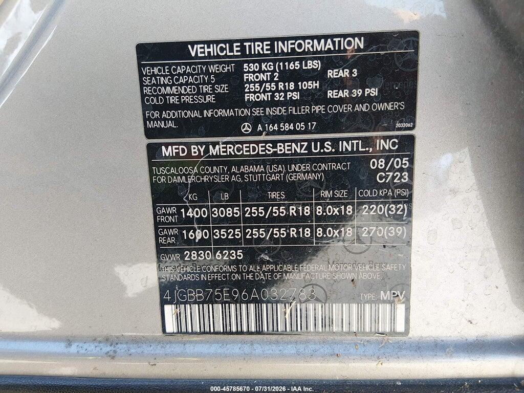 4JGBB75E96A032783 2006 MERCEDES-BENZ ML 500 photo no. 9
