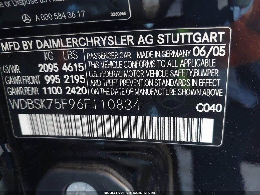 WDBSK75F96F110834 2006 MERCEDES-BENZ SL 500 photo no. 9