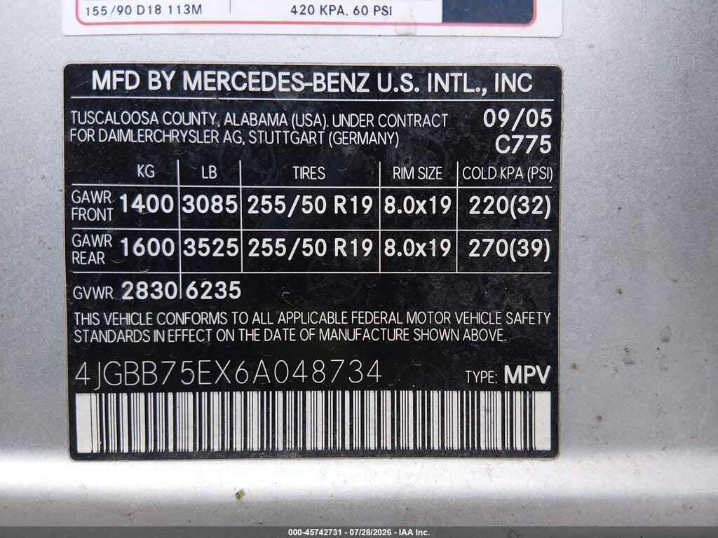 4JGBB75EX6A048734 2006 MERCEDES-BENZ ML 500 photo no. 9