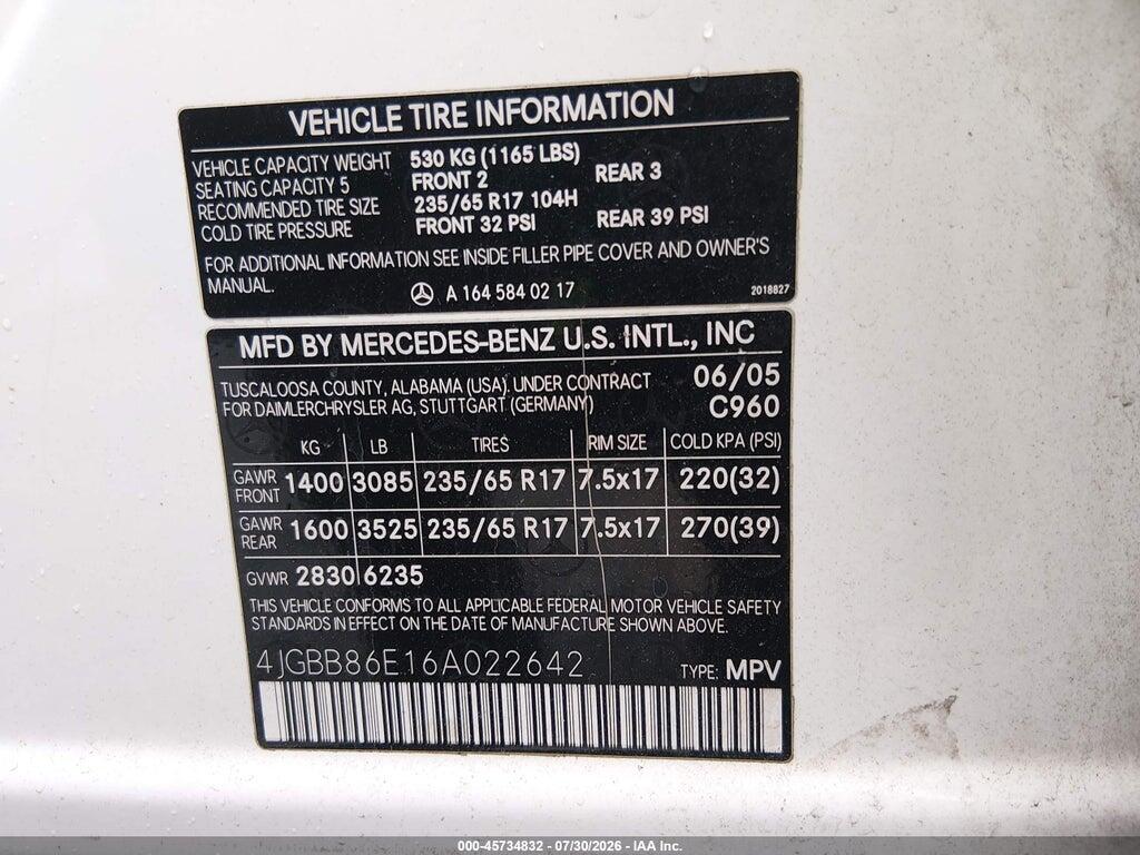 4JGBB86E16A022642 2006 MERCEDES-BENZ ML 350 photo no. 9