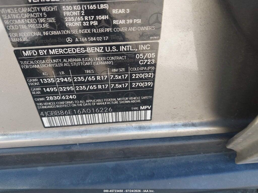 4JGBB86E16A016226 2006 MERCEDES-BENZ ML 350 photo no. 9
