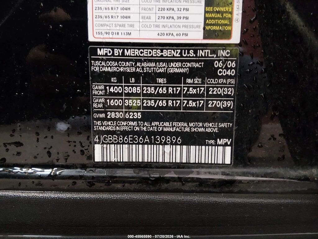 4JGBB86E36A139896 2006 MERCEDES-BENZ ML 350 photo no. 9
