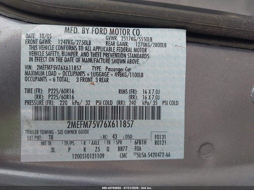 2MEFM75V76X611857 2006 MERCURY GRAND MARQUIS photo no. 9