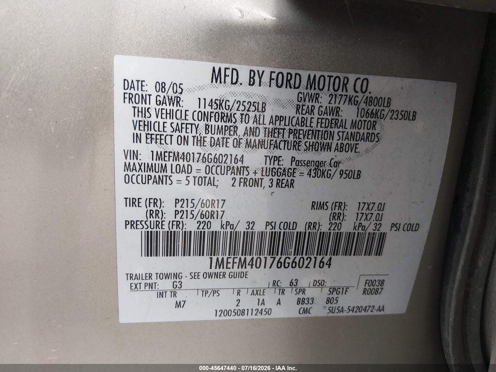 1MEFM40176G602164 2006 MERCURY MONTEGO photo no. 9