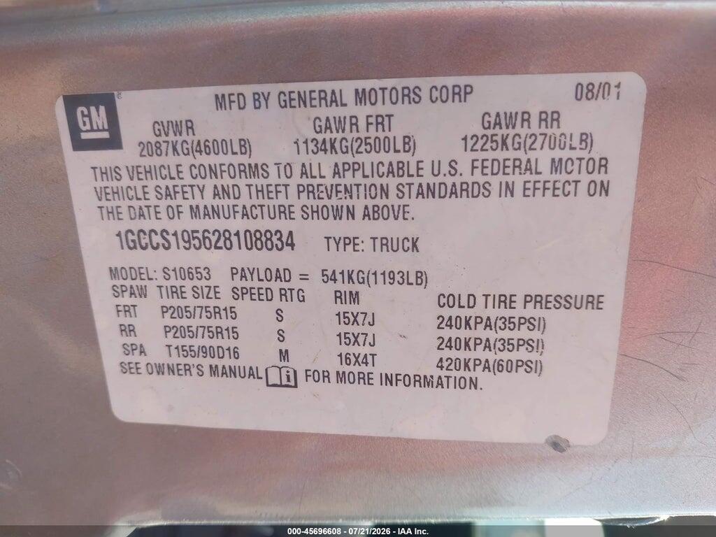 1GCCS195628108834 2002 CHEVROLET S-10 photo no. 9