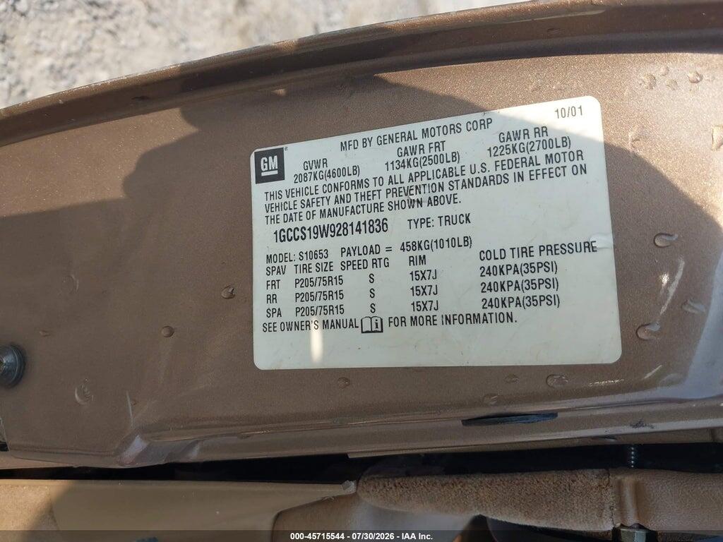 1GCCS19W928141836 2002 CHEVROLET S-10 photo no. 9