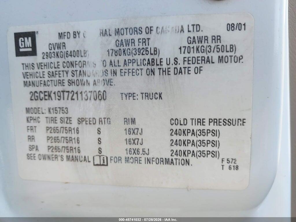 2GCEK19T721137060 2002 CHEVROLET SILVERADO 1500 photo no. 9