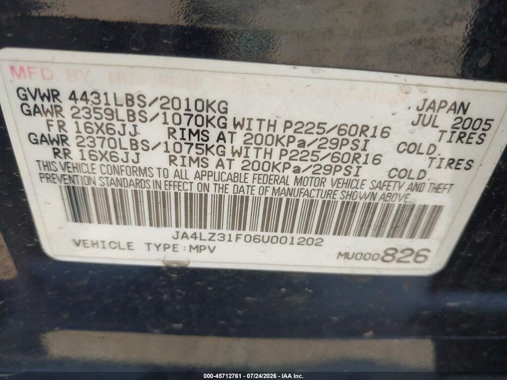 JA4LZ31F06U001202 2006 MITSUBISHI OUTLANDER photo no. 9