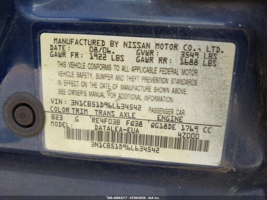 3N1CB51D96L634542 2006 NISSAN SENTRA photo no. 9