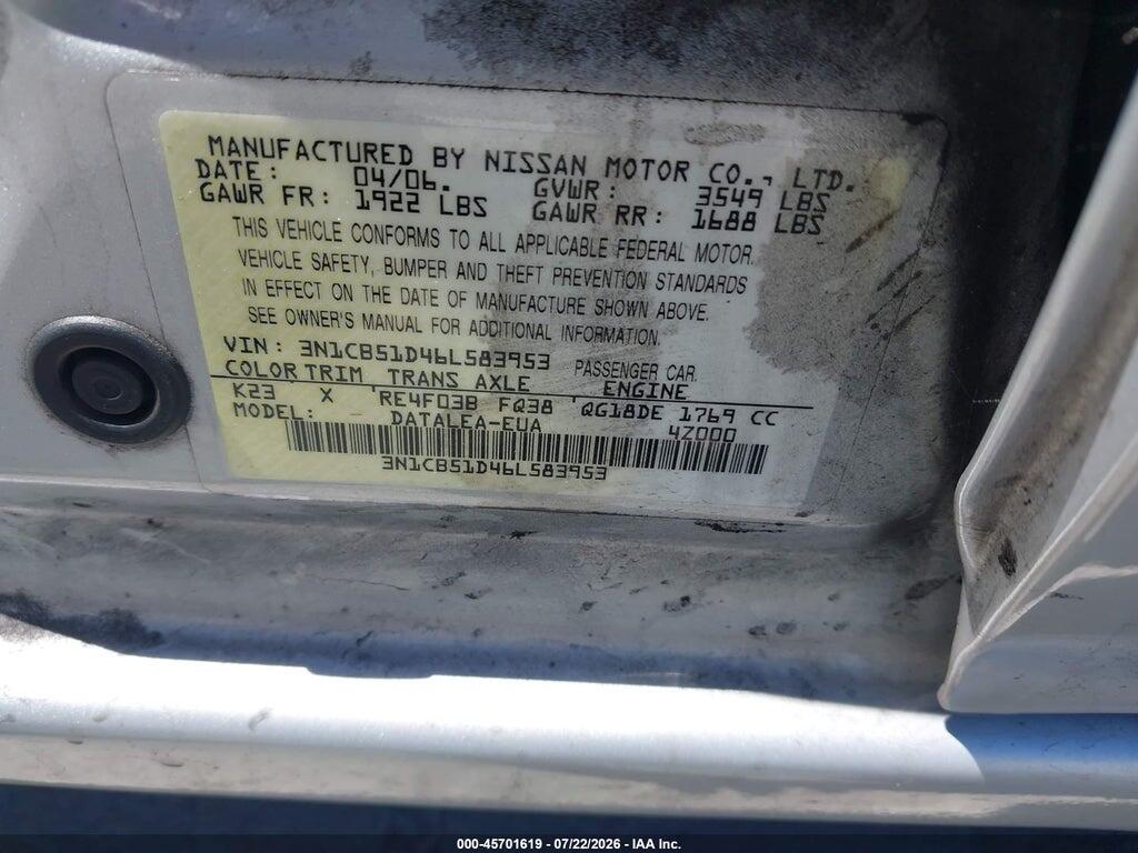 3N1CB51D46L583953 2006 NISSAN SENTRA photo no. 9