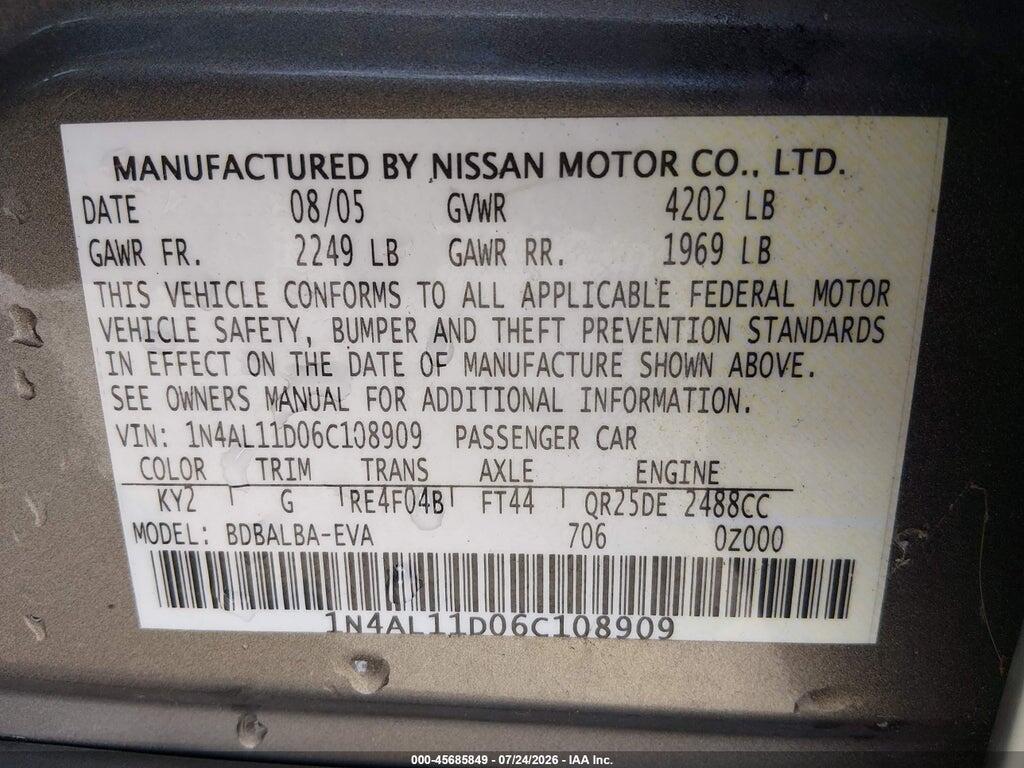 1N4AL11D06C108909 2006 NISSAN ALTIMA photo no. 9
