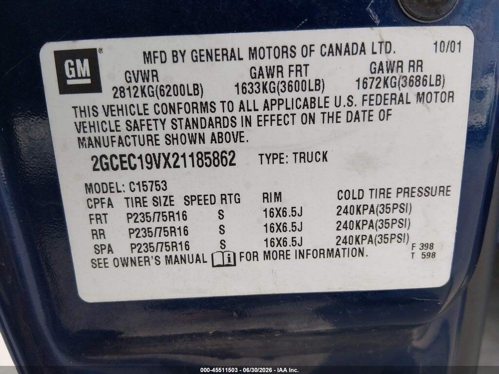 2GCEC19VX21185862 2002 CHEVROLET SILVERADO 1500 photo no. 9