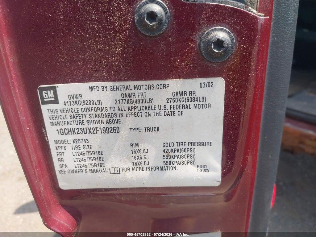 1GCHK23UX2F199260 2002 CHEVROLET SILVERADO 2500HD photo no. 9