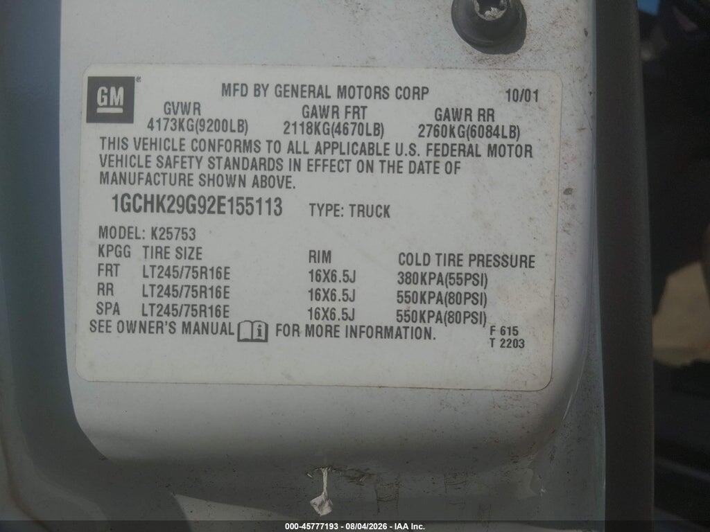 1GCHK29G92E155113 2002 CHEVROLET SILVERADO 2500HD photo no. 9