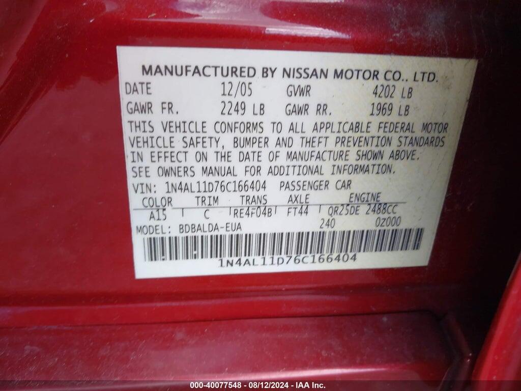 1N4AL11D76C166404 2006 NISSAN ALTIMA photo no. 9