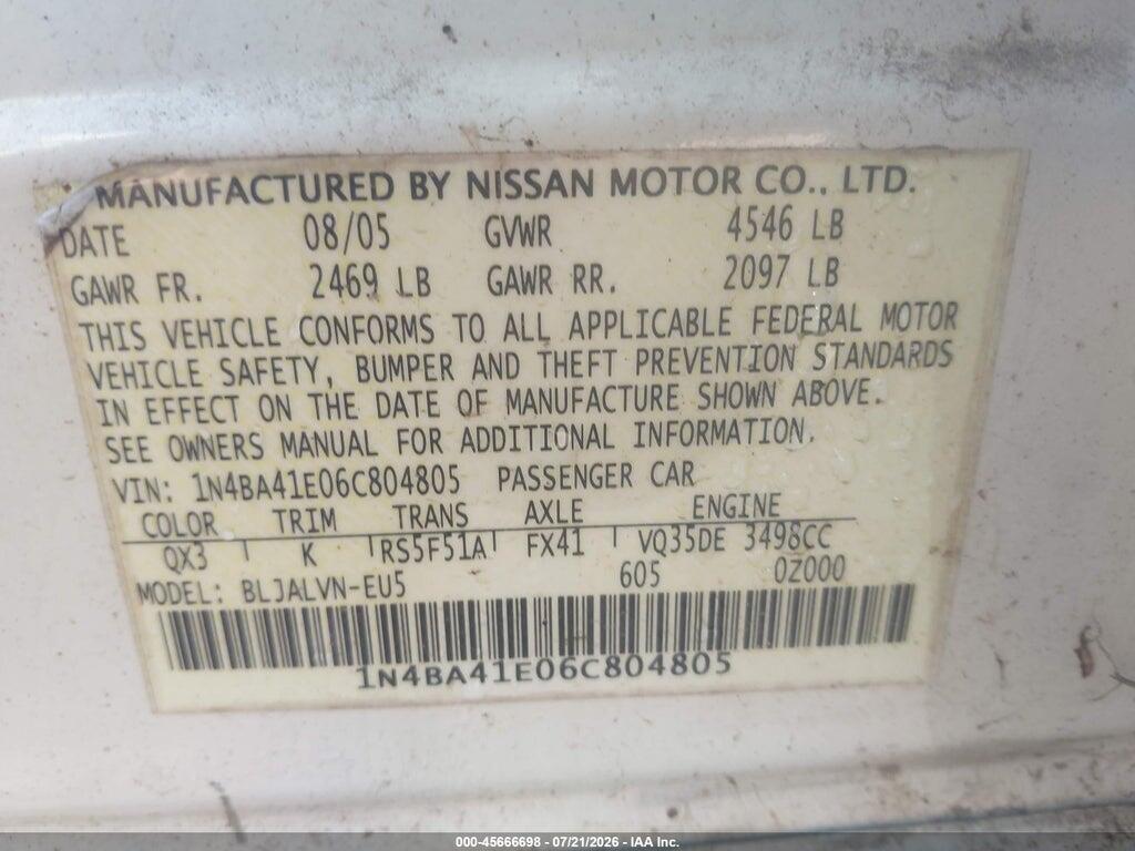 1N4BA41E06C804805 2006 NISSAN MAXIMA photo no. 9