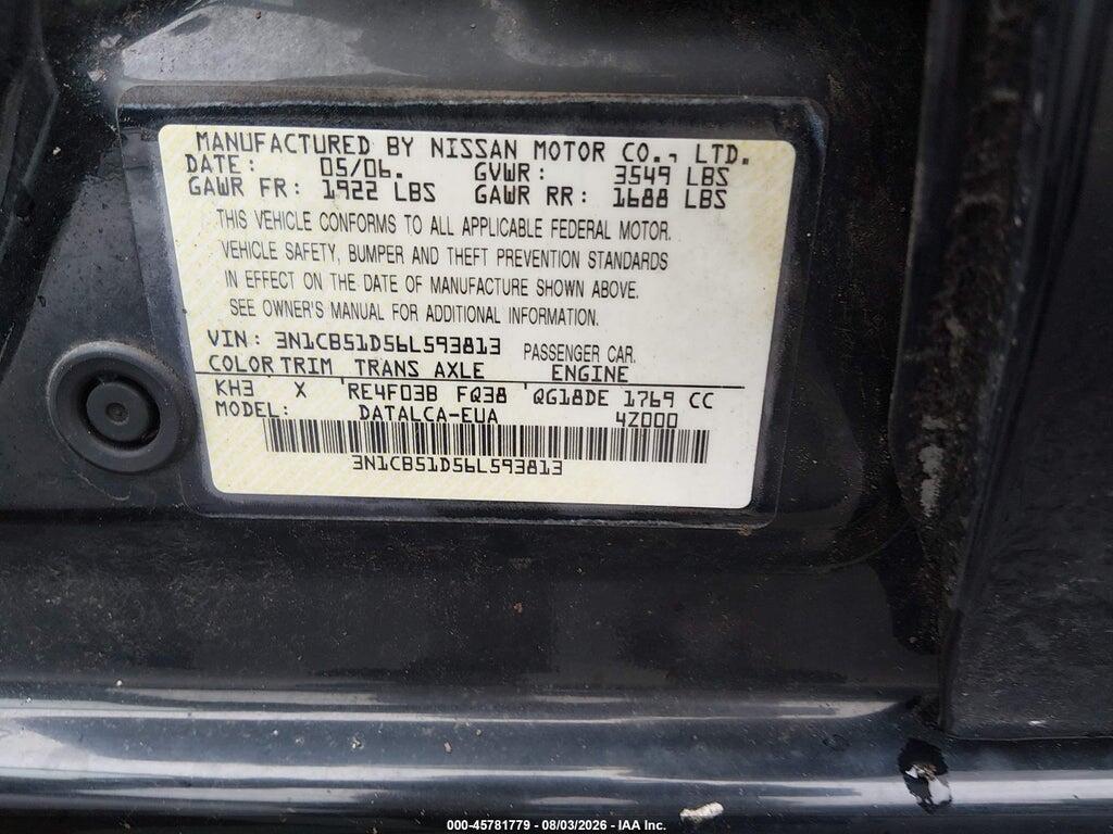 3N1CB51D56L593813 2006 NISSAN SENTRA photo no. 9
