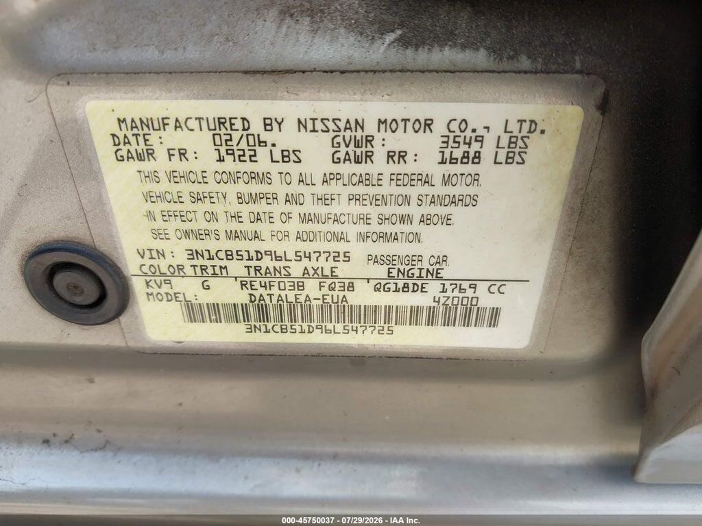 3N1CB51D96L547725 2006 NISSAN SENTRA photo no. 9