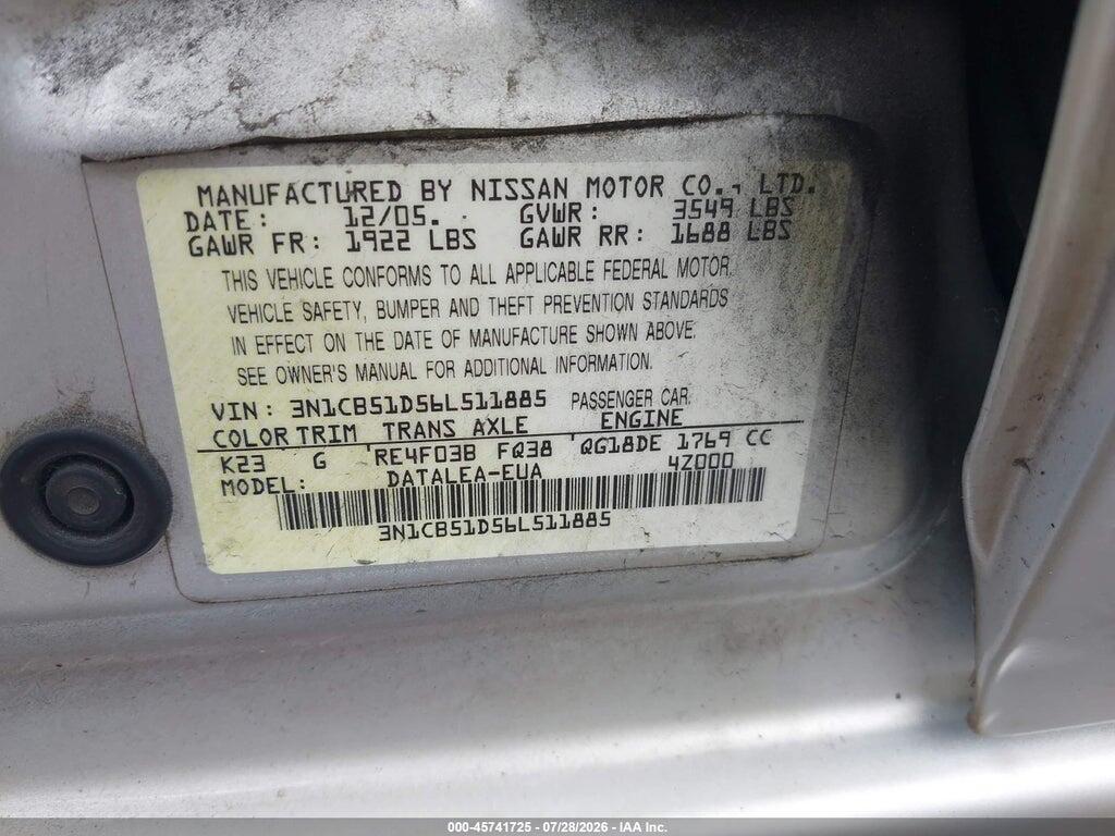 3N1CB51D56L511885 2006 NISSAN SENTRA photo no. 9
