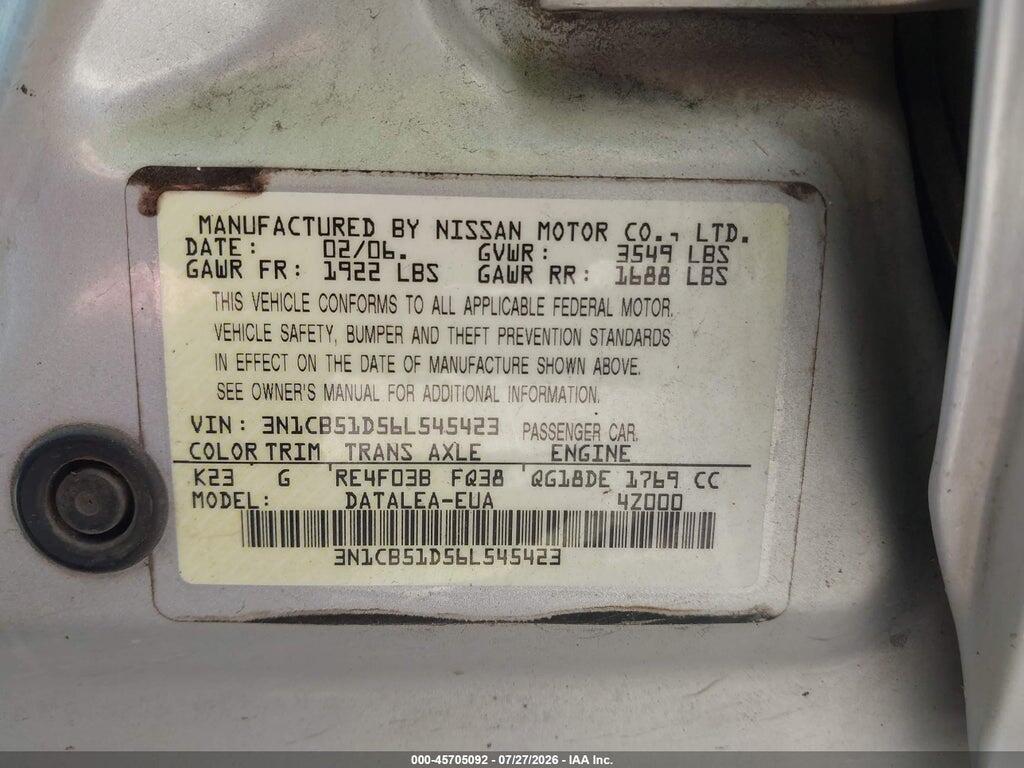 3N1CB51D56L545423 2006 NISSAN SENTRA photo no. 9