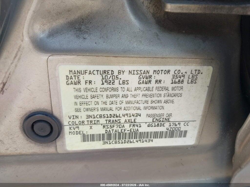3N1CB51D26L491434 2006 NISSAN SENTRA photo no. 9