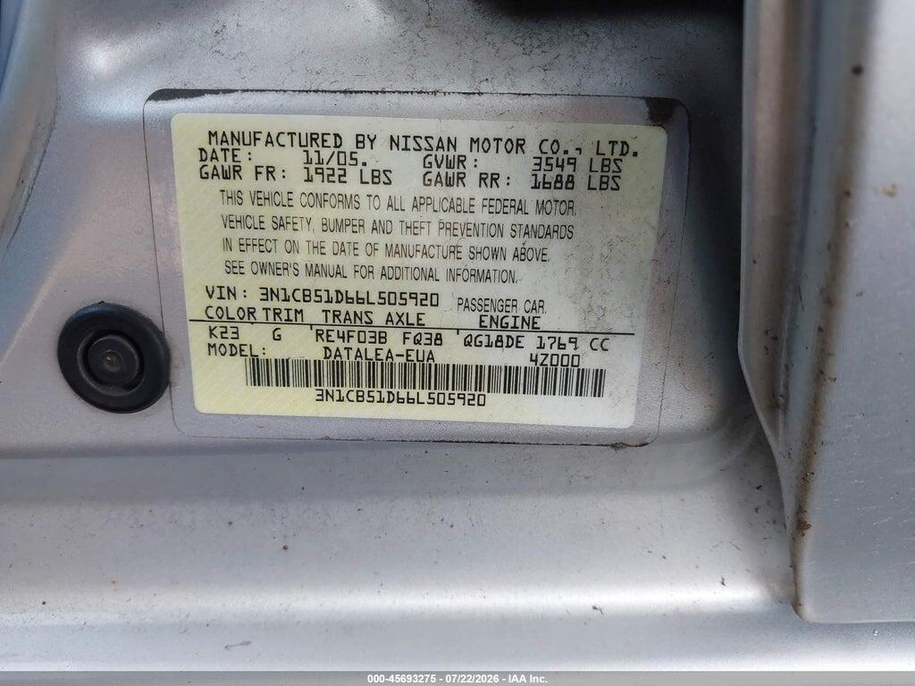 3N1CB51D66L505920 2006 NISSAN SENTRA photo no. 9