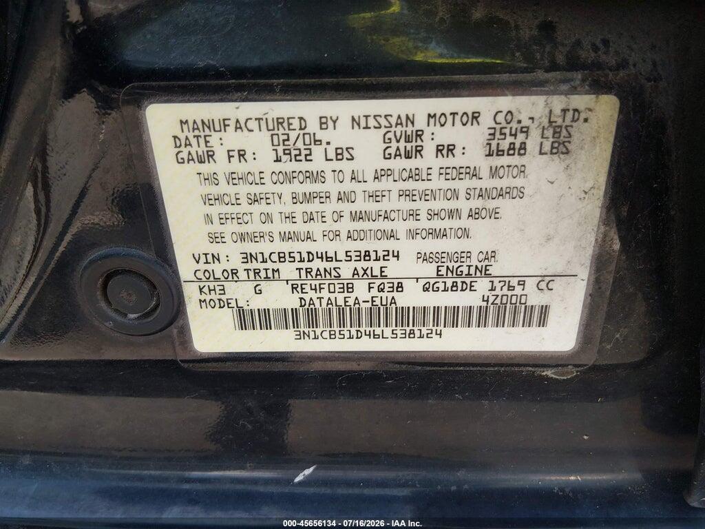 3N1CB51D46L538124 2006 NISSAN SENTRA photo no. 9