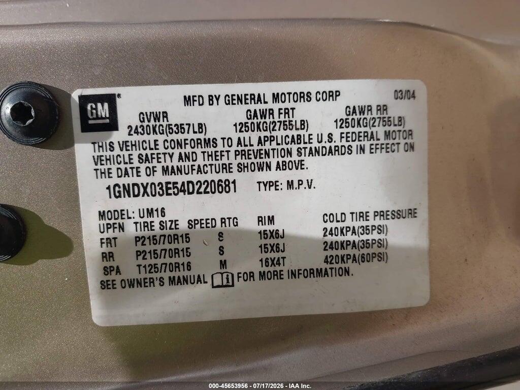 1GNDX03E54D220681 2004 CHEVROLET VENTURE photo no. 9
