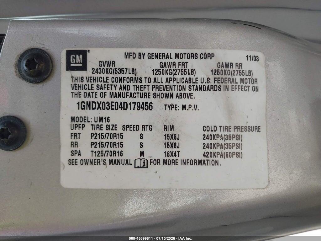 1GNDX03E04D179456 2004 CHEVROLET VENTURE photo no. 9