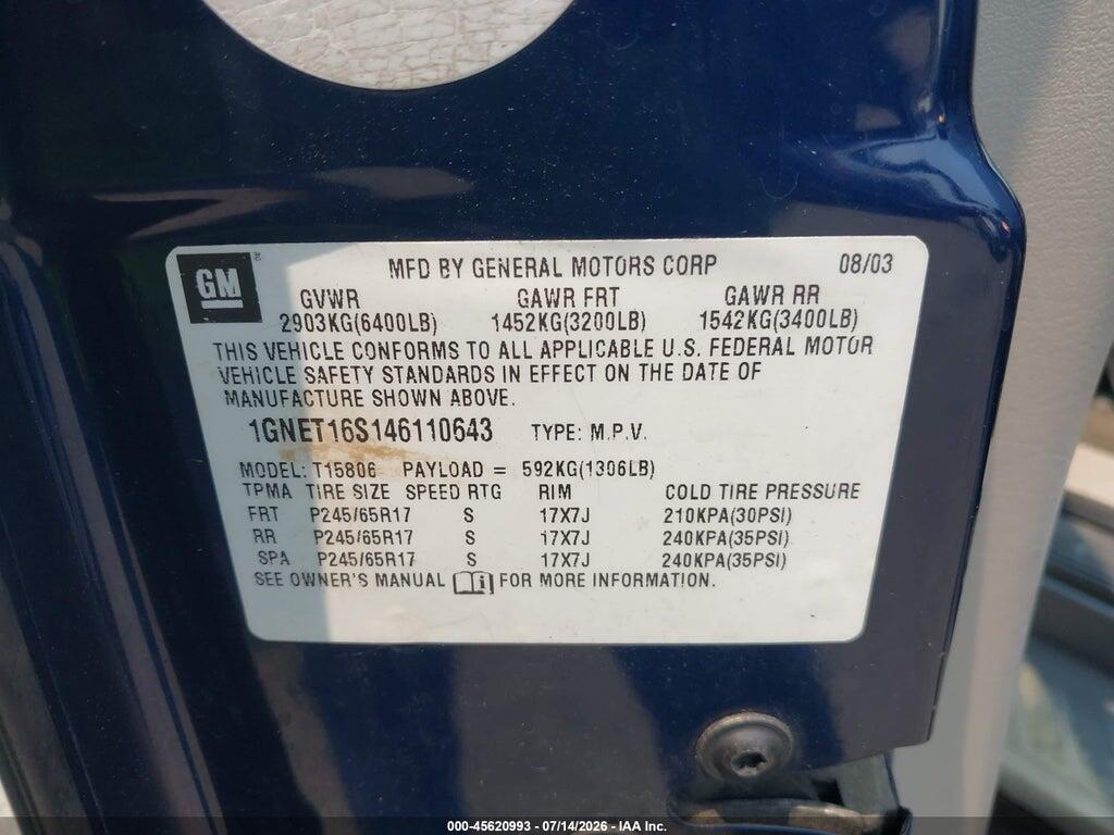 1GNET16S146110643 2004 CHEVROLET TRAILBLAZER EXT photo no. 9