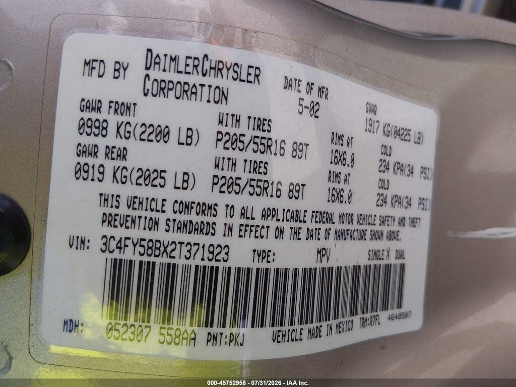 3C4FY58BX2T371923 2002 CHRYSLER PT CRUISER photo no. 9